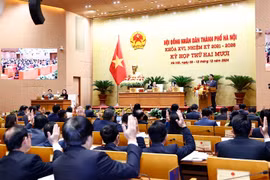 Hội đồng nhân dân thành phố Hà Nội biểu quyết thông qua chương trình kỳ họp. (Ảnh: Doãn Tấn/TTXVN)