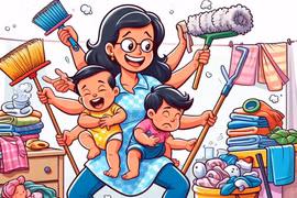 Nhiều người vợ phải làm mọi việc vì không có người san sẻ việc nhà. (Nguồn: Ảnh do AI tạo ra từ Bing Image Creator)