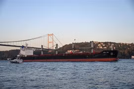 Tàu chở ngũ cốc di chuyển dọc Eo biển Bosphorus, ở Istanbul, Thổ Nhĩ Kỳ, ngày 2/11/2022. (Ảnh: AFP/TTXVN)