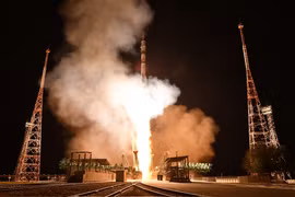 Tàu vũ trụ Soyuz MS-24 rời bệ phóng tại sân bay vũ trụ Baikonur ở Kazakhstan, ngày 15/9/2023. (Ảnh: AFP/TTXVN)