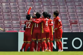 Niềm vui của cầu thủ nữ Việt Nam sau khi đoạt vé lịch sử dự vòng chung kết World Cup. (Ảnh: TTXVN/phát) 