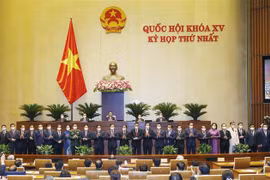 Các thành viên Chính phủ nhiệm kỳ 2021-2026 ra mắt Quốc hội. (Ảnh: Doãn Tấn/TTXVN) 