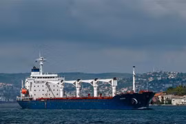 Tàu chở ngũ cốc di chuyển dọc Eo biển Bosphorus tại Istanbul, Thổ Nhĩ Kỳ, ngày 3/8/2022. (Ảnh: AFP/TTXVN)