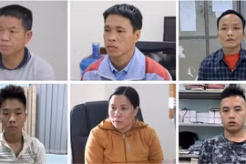 Sáu đối tượng từ trái qua phải, từ trên xuống dưới: Hoàng Văn Bưu, La Văn Chung, Đào Văn Hồng, Đào Văn Đức, Hoàng Thị Quỳnh, Thào A Ké tại cơ quan Công an tỉnh Cao Bằng. (Ảnh: TTXVN phát) 