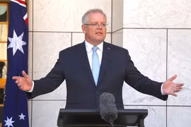 Thủ tướng Australia Scott Morrison phát biểu trong cuộc họp báo tại Canberra. (Nguồn: AFP/TTXVN) 