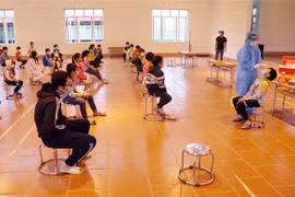 Nhân viên tế Phú Thọ tổ chức lấy mẫu xét nghiệm lần 3 cho học sinh Trường tiểu học Bạch Hạc. (Ảnh: Trung Kiên/TTXVN) 