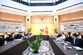 Thứ trưởng Nguyễn Sinh Nhật Tân làm việc với phái đoàn EU và Đại sứ quán Anh về JETP. (Ảnh: PV/Vietnam+)