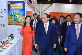 Thủ tướng Nguyễn Xuân Phúc tham quan các gian hàng. (Ảnh: Thống Nhất/TTXVN)