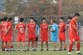Huấn luyện viên Park Hang Seo và cầu thủ trong một buổi tập. (Ảnh: Hoàng Linh/TTXVN)