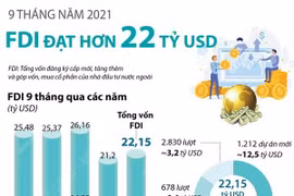[Infographics] 9 tháng năm 2021: Thu hút FDI đạt hơn 22 tỷ USD