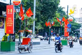Trang hoàng băngrôn, cờ rực rỡ trên phố Tràng Tiền, Hà Nội. (Ảnh: Khánh Hòa/TTXVN)
