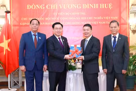 Chủ tịch Quốc hội Vương Đình Huệ trao tập sách tượng trưng (tủ sách về Bác Hồ) cho Đại sứ và đại diện cộng đồng. (Ảnh: Doãn Tấn/TTXVN)