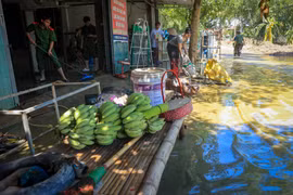 Lực lượng công an, quân đội hỗ trợ người dân vùng Nam Phương Tiến (Chương Mỹ, Hà Nội) khắc phục hậu quả sau lũ. (Ảnh: Hoài Nam/Vietnam+)