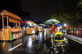 Cơn mưa tầm tã không ngăn được hàng trăm người dân đến thưởng lãm tuyến phố mới của Hà Nội. (Ảnh: Minh Sơn/Vietnam+)