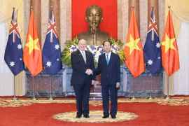 Chủ tịch nước Trần Đại Quang chụp ảnh chung với Toàn quyền Australia Peter Cosgrove trước khi bước vào hội đàm. (Ảnh: Nhan Sáng/TTXVN)