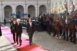 Tổng thống Italy Sergio Mattarella và Chủ tịch nước Trần Đại Quang duyệt đội danh dự. (Ảnh: Nhan Sáng/TTXVN)