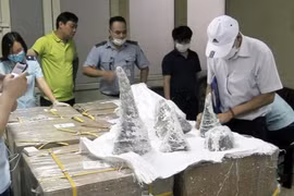 Đục các khối thạch cao ra, lực lượng chức năng phát hiện bên trong có chứa 55 khúc sừng tê giác, tổng trọng lượng 125,15kg. (Ảnh: TTXVN phát)
