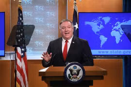 Ngoại trưởng Mike Pompeo tại cuộc họp báo ở Washington,DC, Mỹ, ngày 7/4/2020. (Ảnh: AFP/TTXVN)
