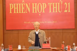 Tổng Bí thư Nguyễn Phú Trọng phát biểu kết luận Phiên họp thứ 21. (Ảnh: Trí Dũng/TTXVN)