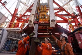 Người lao động dầu khí làm việc trên giàn khoan mỏ Chim Sáo. (Ảnh: PV/Vietnam+)