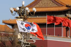 Cờ Hàn Quốc và Trung Quốc tung bay bên Cổng Thiên An Môn trong chuyến thăm của Tổng thống Hàn Quốc Moon Jae-In tới Bắc Kinh (Trung Quốc), ngày 15/12/2017. (Nguồn: reuters.com)