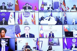Bộ trưởng Bộ Ngoại giao các nước tham dự Hội nghị những người bạn của Mekong (FOM) lần thứ nhất theo hình thức trực tuyến, ngày 5/8/2021. (Ảnh: Phạm Kiên/TTXVN)