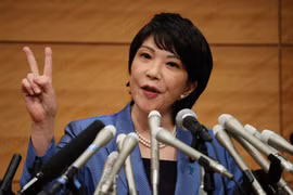 Hạ nghị sỹ Sanae Takaichi phát biểu trong cuộc họp báo công bố việc bà ra tranh cử trong cuộc đua vào vị trí lãnh đạo Đảng Dân chủ Tự do, ở Tokyo (Nhật Bản), ngày 8/9/2021. (Nguồn: japantimes.co.jp)