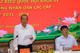 Phó Thủ tướng Thường trực Chính phủ, Phó Chủ tịch Hội đồng bầu cử Quốc gia Trương Hòa Bình phát biểu tại buổi làm việc. (Ảnh: Chương Đài/TTXVN)