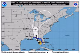 Dự báo vị trí và đường đi của cơn bão Alberto. (Nguồn: NOAA/NHC)
