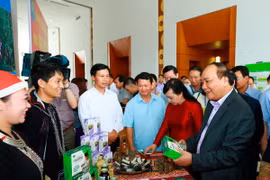Thủ tướng Nguyễn Xuân Phúc thăm các gian hàng trưng bày sản phẩm tại hội nghị. (Ảnh: Thống Nhất/TTXVN)