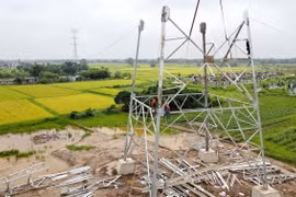 Các đơn vị thi công vị trí cột 207 tại xã Quỳnh Khê, huyện Quỳnh Phụ. (Ảnh: Thế Duyệt/TTXVN)