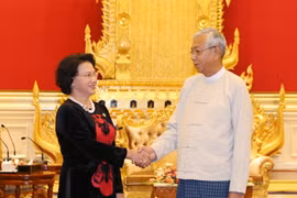 Chủ tịch Quốc hội Nguyễn Thị Kim Ngân đến chào Tổng thống Cộng hòa Liên bang Myanmar Htin Kyaw. (Ảnh: Trọng Đức/TTXVN)
