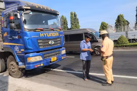 Tổ cảnh sát giao thông kiểm tra chủ phương tiện điều khiển xe trên Quốc lộ 1 thuộc huyện Châu Thành, tỉnh Tiền Giang. (Ảnh: Minh Trí/TTXVN)