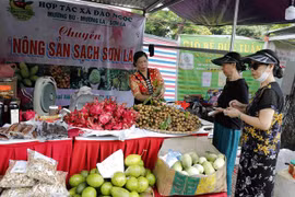 Gian trưng bày giới thiệu sản phẩm nông sản đạt tiêu chuẩn Ocop đến từ huyện Mường La, tỉnh Sơn La. (Ảnh: Trần Việt/TTXVN)