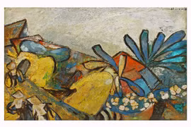 Tranh sơn mài ''Làng ven đê'' (Đỗ Thị Ninh, 1993)