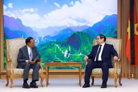 Thủ tướng Phạm Minh Chính tiếp Cố vấn An ninh Quốc gia Ấn Độ Ajit Doval nhân chuyến sang Việt Nam dự lễ tang Tổng Bí thư Nguyễn Phú Trọng. (Ảnh: Dương Giang/TTXVN)