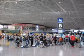 Công dân xếp hàng chờ làm thủ tục ở sân bay Narita. (Ảnh: Đào Thanh Tùng/TTXVN) 