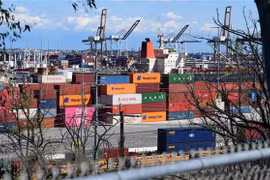 Container hàng hóa được xếp tại cảng Los Angeles, Mỹ, ngày 26/3/2020. (Nguồn: AFP/TTXVN)