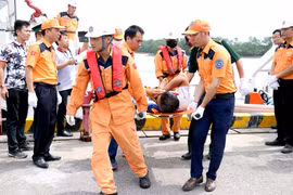 Lực lượng cứu hộ đưa thuyền viên về bờ. (Ảnh: Trần Hoàng Ngọc/TTXVN)