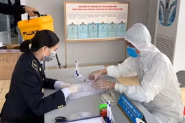 Lái xe làm thủ tục kiểm tra y tế tại một điểm thông quan. (Ảnh: TTXVN)