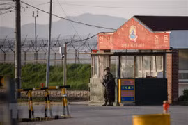 Binh sỹ Hàn Quốc gác tại một trạm kiểm soát gần Khu Phi quân sự (DMZ). (Nguồn: AFP/TTXVN)
