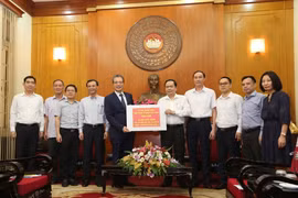 Thứ trưởng Bộ Ngoại giao, Chủ nhiệm Ủy ban Nhà nước về người Việt Nam ở nước ngoài Đặng Minh Khôi tiếp nhận 50.000 khẩu trang do Chủ tịch Ủy ban Trung ương Mặt trận Tổ quốc Việt Nam Trần Thanh Mẫn trao tặng cho kiều bào Việt Nam tại Hoa Kỳ. (Ảnh: Dương Gi