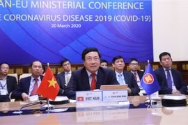 Phó Thủ tướng, Bộ trưởng Bộ Ngoại giao Phạm Bình Minh phát biểu tại Hội nghị trực tuyến Bộ trưởng Ngoại giao ASEAN-EU về phòng, chống COVID-19. (Ảnh: Lâm Khánh/TTXVN)