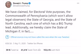 Ông Donald Trump cáo buộc công tác kiểm phiếu có khuất tất trên Twitter. (Ảnh: Twitter)