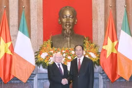 Chủ tịch nước Trần Đại Quang và Tổng thống Michael D. Higgins tại lễ đón. (Ảnh: Nhan Sáng/TTXVN)