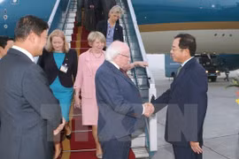Bộ trưởng, Chủ nhiệm Văn phòng Chủ tịch nước Đào Việt Trung đón Tổng thống Ireland và Phu nhân. (Ảnh: Doãn Tấn/TTXVN)
