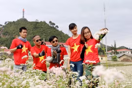 Du khách tạo dáng chụp ảnh bên hoa Tam giác mạch dưới chân Cột cờ Lũng Cú. (Ảnh: Hồng Quảng/TTXVN)