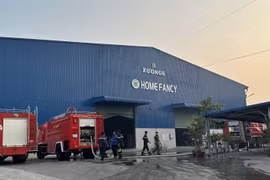 Lực lượng kịp thời khống chế cháy lớn tại nhà xưởng của Công ty Home Fancy Furniture Việt Nam. (Ảnh: TTXVN phát)