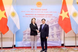 Bộ trưởng Ngoại giao Bùi Thanh Sơn đón Bộ trưởng Ngoại giao, Ngoại thương và Tôn giáo Argentina Diana Elena Mondino. (Ảnh: Lâm Khánh/TTXVN)