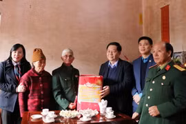 Trưởng Ban Tuyên giáo Trung ương Nguyễn Trọng Nghĩa tặng quà, chúc Tết gia đình ông Dương Tiến Cửu, sinh năm 1950, thương binh hạng 1/4 ở xóm Hin, xã Xuân Phương, huyện Phú Bình. (Ảnh: Quân Trang/TTXVN)